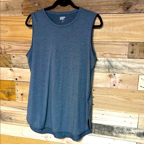 Lands' End size med blue striped sleeveless cotton top with high crewneck line - Picture 1 of 8